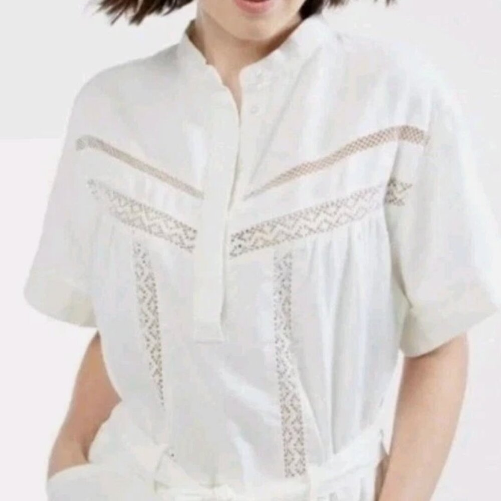 NWT Outerknown Linen Organic Cotton Belted Shirt Dress Lace Detail Ivory S - Picture 4 of 9